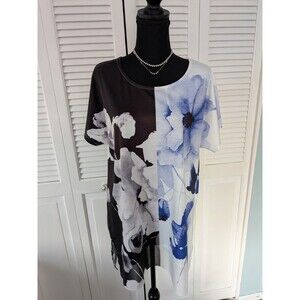 Chicos Zenergy Tunic Top Women's M/1  Black Blue Art Sheer Border Floral Stretch